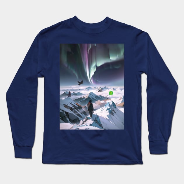 Tranquil Landscape: Aurora and Icy Mountain Summits Long Sleeve T-Shirt by Dudu